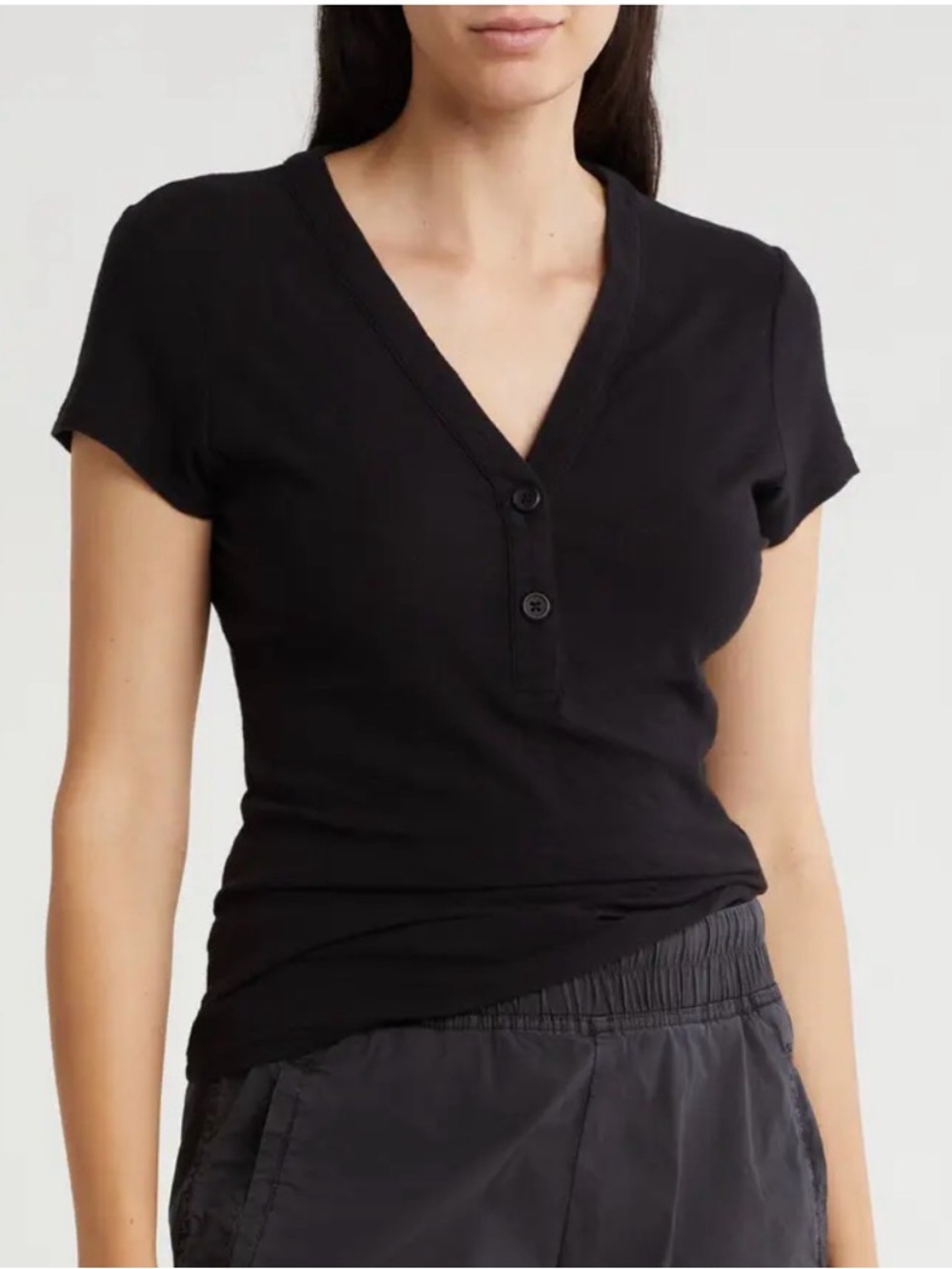 James Perse Black Short-Sleeve V-Neck Henley Size 3